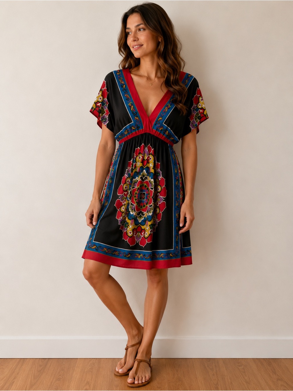 bailey blue Black V‑Neck Mini Dress with Red & Blue Medallion Print